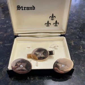 Vintage Swank Gold and Rhinestone Cuff Links and Tie Clip